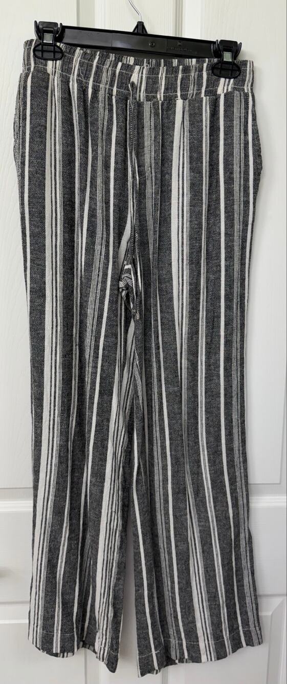 Briggs Black & White Striped Linen Blend Wide-Leg Drawstring Pants small